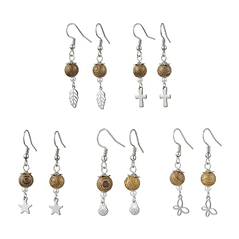 304 Stainless Steel Mixed Shape Dangle Earrings, with Natural Wenge Wood Beads, Stainless Steel Color, 42~47x6~11mm