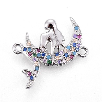 Brass Micro Pave Cubic Zirconia Links, Mermaid, Colorful, Platinum, 21x21x3mm, Hole: 1.4mm