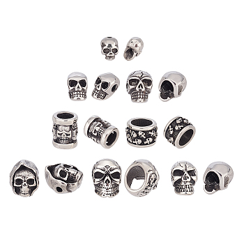 8Pcs 8 Style 316 & 304 Surgical Stainless Steel Beads, Rondelle/Column with Skull & Skull Head, Antique Silver, 9~15.5x6~11mm, Hole: 1.5~8.5mm, 1pc/style