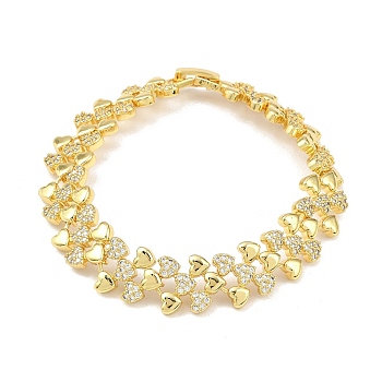 Brass Micro Pave Clear Cubic Zirconia Link Chain Bracelets for Women, Heart, 7-1/8 inch(18cm)