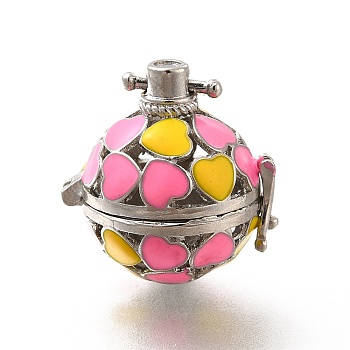 Alloy Enamel Bead Cage Pendants, Hollow Heart Charm, for Chime Ball Pendant Necklaces Making, Platinum, Hot Pink, 34mm, Hole: 6x3mm, Bead Cage: 26x25x21mm, 18mm Inner Size
