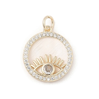 Brass Micro Pave Clear Cubic Zirconia Pendants, with Natural White Shell and Jump Ring, Real 18K Gold Plated, Flat Round, Evil Eye, 18x16x3mm, Hole: 3.2mm