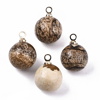 Natural Picture Jasper Charms, with Golden Plated Brass Loops, Round, 14x10.5mm, Hole: 1.5mm