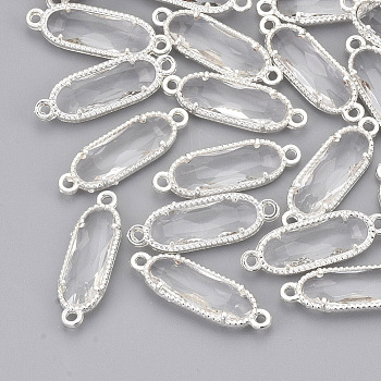 Glass Links, with Silver Color Plated Eco-Friendly Alloy Findings, Faceted, Oval, Clear, 21x7x3mm, Hole: 1.2mm