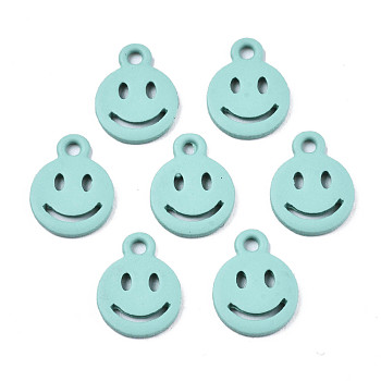 Spray Painted Alloy Charms, Cadmium Free & Lead Free, Flat Round with Smiling Face, Pale Turquoise, 12.5x9.5x1.5mm, Hole: 1.5mm