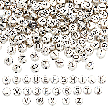 Zinc Alloy Spacer Beads, Flat Round with Random Letter A~Z, Antique Silver, 6.5x3.5mm, Hole: 1.5mm, 200pcs/box