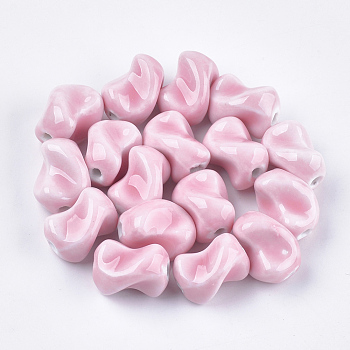 Handmade Porcelain Beads, Bright Glazed Porcelain Style, Twist, Pink, 21x15x16.5mm, Hole: 3mm