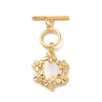 Brass Pave Clear Cubic Zirconia Toggle Clasps, with Natural Shell, Flower, Real 18K Gold Plated, Pendant: 20x17.5x3.5mm, Hole: 1.2mm, Bar: 18x3.4x1.6mm, Hole: 0.9mm, Ring: 12x10x1.4mm, Hole: 1mm