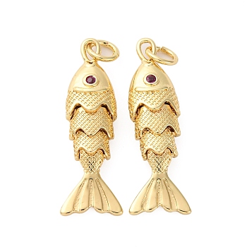 Rack Plating Brass Micro Pave Cubic Zirconia Pendants, Sardine Fish Charms, Long-Lasting Plated, Lead Free & Cadmium Free, Real 18K Gold Plated, 27x7x5.5mm, Hole: 2.5x1mm