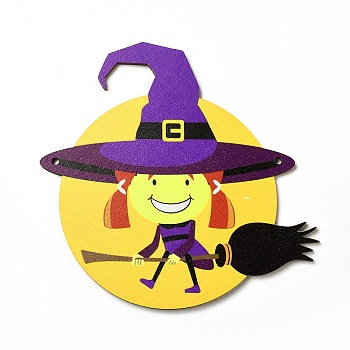 Single Face Printed Wood Big Pendants, Halloween Charms, Witch, 145x150x4mm, Hole: 4mm