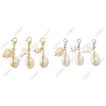 12Pcs 6 Styles Natural Mixed Cowrie Shell Pendant Decorations, Lobster Claw Clasp and Synthetic Turquoise Starfish Cross Turtle Charms for Bag Ornaments, Platinum & Golden, 43~45.5mm, 2pcs/style
