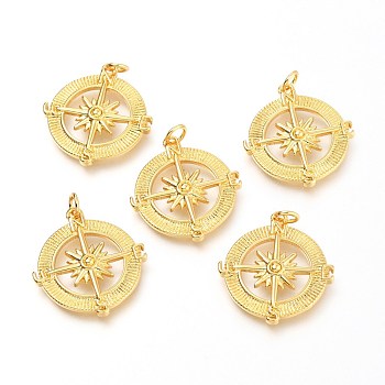 Brass Pendants, with Jump Rings, Compass, Real 18K Gold Plated, 24x22x3mm, Hole: 3.2mm