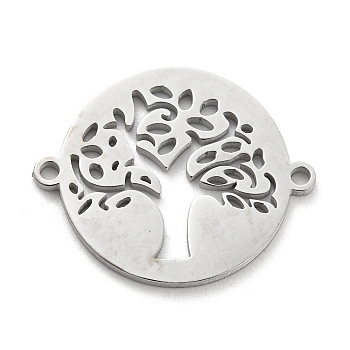 304 Stainless Steel Hollow Connector Charms, Flat Round with Tree of Life, Stainless Steel Color, 15.5x19x1mm, Hole: 1.2mm