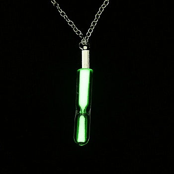 Luminous Alloy Locket Pendant Necklaces, Glow in the Dark, Sand Glass, Lime, 18.42 inch(46.8cm), Pendant: 38x7mm