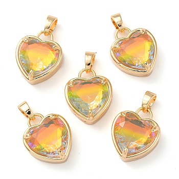 K9 Glass Pendants, with Golden Tone Brass Findings, Faceted, Heart Charms, Light Topaz, 18x15x7.7mm, Hole: 5x3mm