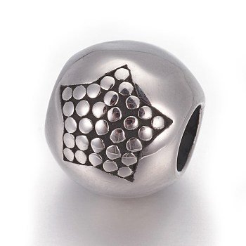 Retro 316 Surgical Stainless Steel European Style Beads, Large Hole Beads, Round with Star, Antique Silver, 10mm, Hole: 4.5mm