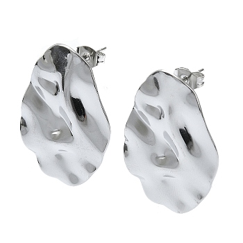 201 Stainless Steel Stud Earrings, with 304 Stainless Steel Pins, Textured Teardrop, Stainless Steel Color, 30x20mm