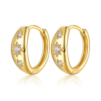 Flower 925 Sterling Silver Hoop Earrings, with Cubic Zirconia, with 925 Stamp, Golden, 4mm