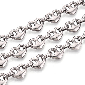 304 Stainless Steel Heart Link Chains, Unwelded, with Spool, Stainless Steel Color, 13x10.5x3~3.5mm, about 16.40 Feet(5m)/Roll