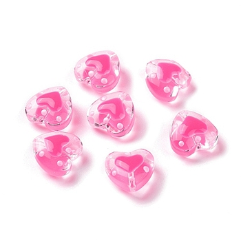 Glass Heart Beads, with Enamel, Bead in Bead, Deep Pink, 12x11.5~12.5x6.5~7mm, Hole: 0.8~1mm