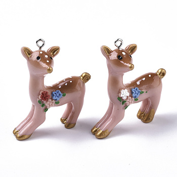 Resin Pendants, with Platinum Tone Iron Loop, Sika Deer, Rosy Brown, 43~44.5x37x17mm, Hole: 2mm