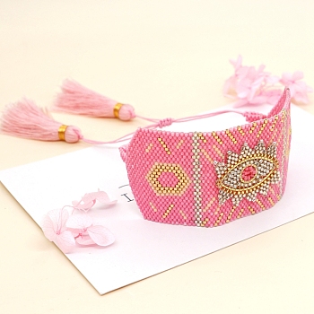 Friendship Eye Loom Pattern Seed Beads Bracelets for Women, Adjustable Tassel Nylon Cord Braided Bead Bracelets, Pink, 11 inch(28cm), 40mm