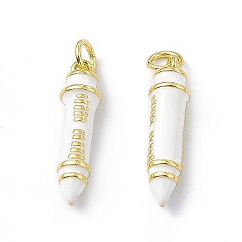 Rack Plating Brass Enamel Pendants, Long-Lasting Plated, Lead Free & Cadmium Free, Real 18K Gold Plated, Pen Charm, White, 22x7mm, Hole: 3mm