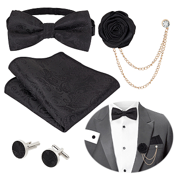 Polyester Satin Bow Tie for Men, with Handkerchief and Iron Cufflink, and Alloy Hanging Chain Brooches, Black