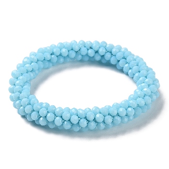 Crochet Glass Beads Braided Stretch Bracelet, Nepel Boho Style Bracelet, Sky Blue, Inner Diameter: 1-7/8 inch(4.9cm)