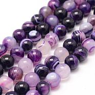 Natural Striped Agate/Banded Agate Bead Strands, Round, Dyed & Heated, Purple, 8mm, Hole: 1mm, about 47~48pcs/strand, 14.5 inch(G-K155-A-8mm-11)