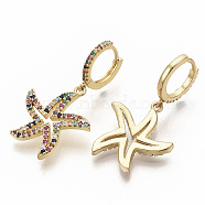 Brass Micro Pave Colorful Cubic Zirconia Dangle Hoop Earrings, Starfish/Sea Stars, Real 16K Gold Plated, 35.5mm, Pin: 1x1mm(EJEW-S208-088)