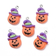 Halloween Opaque Resin Pendants, with Platinum Tone Iron Loops, Pumpkin with Purple Hat, Orange, 26x16.5x7mm, Hole: 2mm(RESI-G028-08P)