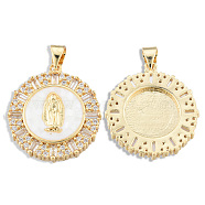 Brass Micro Pave Clear Cubic Zirconia Pendants, with Enamel and Shell, Real 18K Gold Plated, Nickel Free, Flat Round with Virgin Mary, White, 23.5x21x4mm, Hole: 3x4mm(KK-N227-100D)