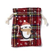 Christmas Theme Rectangle Jute Bags with Jute Cord, Tartan Drawstring Pouches, for Gift Wrapping, Red, Penguin, 13.8~14x9.7~10.3x0.07~0.4cm(ABAG-E006-01C)