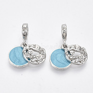 Alloy European Dangle Charms, with Crystal Rhinestone and Enamel, Large Hole Pendants, Quote Pendants, Flat Round with Word, Deep Sky Blue, Platinum, 27mm, Hole: 5mm, Fat Round: 16x13.5x2.5mm(MPDL-T004-07P)