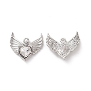 Rack Plating Alloy Glass Pendants, Cadmium Free & Lead Free & Nickle Free, Platinum, Faceted Heart Charm with Wing, Clear, 20x22x4mm, Hole: 1.8mm(FIND-I037-09P-03)