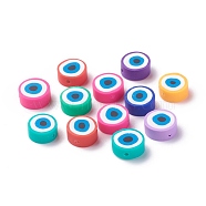 Handmade Polymer Clay Beads, Flat Round with Eye, Mixed Color, 9~9.5x5mm, Hole: 1.2mm(CLAY-I010-10)
