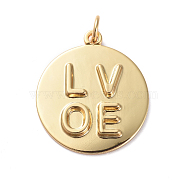 Valentine Theme Brass Pendants, Long-Lasting Plated, Flat Round and LOVE, Real 18K Gold Plated, 23x20x2.4mm, Hole: 3.1mm(ZIRC-G160-32G)
