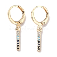 Real 18K Gold Plated Brass Dangle Leverback Earrings, with Cubic Zirconia, Rectangle Bar, Blue, 28.5x3mm(EJEW-L269-019G)