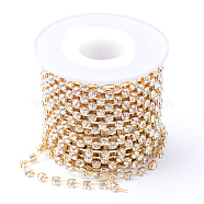 Brass Rhinestone Strass Chains, with Spool, Rhinestone Cup Chains, Raw(Unplated), Nickel Free, Crystal, 3mm, about 10yards/roll(CHC-T002-SS14-01C)