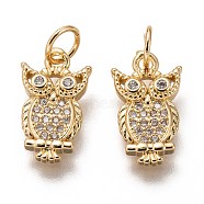 Brass Micro Pave Clear Cubic Zirconia Charms, Long-Lasting Plated, with Jump Ring, Owl Shape, Golden, 14.5x8x2.5mm, Jump Ring: 5x1mm, 3mm Inner Diameter(ZIRC-C020-45G)