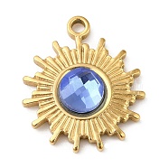 Real 18K Gold Plated 304 Stainless Steel Pendants, with Glass, Sun Charms, Cornflower Blue, 19x16x3.5~4.5mm, Hole: 1.6mm(STAS-A084-21G-05)