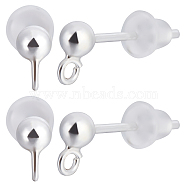 10Pcs 925 Sterling Silver Stud Earring Findings, Round Ball Stud Earring Post, with Vertical Loops, with 925 Stamp, with 20Pcs Plastic Ear Nuts, Silver, 14mm, Hole: 1.5mm, Pin: 0.7mm(STER-BBC0001-51)