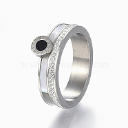 304 Stainless Steel Rings, with Polymer Clay Rhinestone and Shell, Flat Round with Roman Numerals, Size 9, Stainless Steel Color, 19mm(RJEW-E153-53G-19mm)
