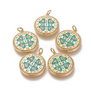 Brass Micro Pave Clear Cubic Zirconia Pendants, with Enamel, Long-Lasting Plated, Flat Round with Word CssmlNdsmd, Turquoise, Real 18K Gold Plated, 25x22x2.5mm, Jump Ring: 5.4x1mm, Inner Diameter: 3.4mm(ZIRC-L091-050G)