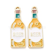 Alloy Enamel Pendants, Jewelry Accessory, Light Gold, Bottle with Word Beer, Gold, 34x11x1.5mm, Hole: 1.6mm(X-ENAM-M044-17LG)