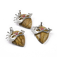 Natural Picture Jasper Pendants, Teardrop with Mask Charms, with Rack Plating Platinum Plated Brass Ruby Rhinestone Findings, 37~37.5x34.5~36x10~11mm, Hole: 6x4mm(G-P496-02P-07)
