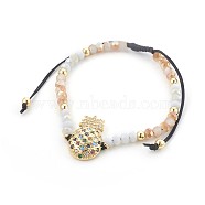 Glass Braided Bead Bracelets, with Brass and Cubic Zirconia, Pineapple, Bisque, 2 inch~3-3/8 inch(5~8.5cm)(BJEW-JB04023-02)