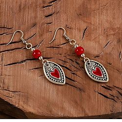 Zinc Alloy Dangle Earrings for Women, Sacred Heart, with Enamel & Plastic, Antique Silver, Red, 71x18mm(WG11E41-01)