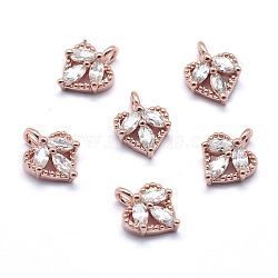 Brass Charms, with Cubic Zirconia, Cadmium Free & Nickel Free & Lead Free, Heart, Clear, Real Rose Gold Plated, 10x8x3mm, Hole: 1.5mm(ZIRC-J040-32RG-02-NR)